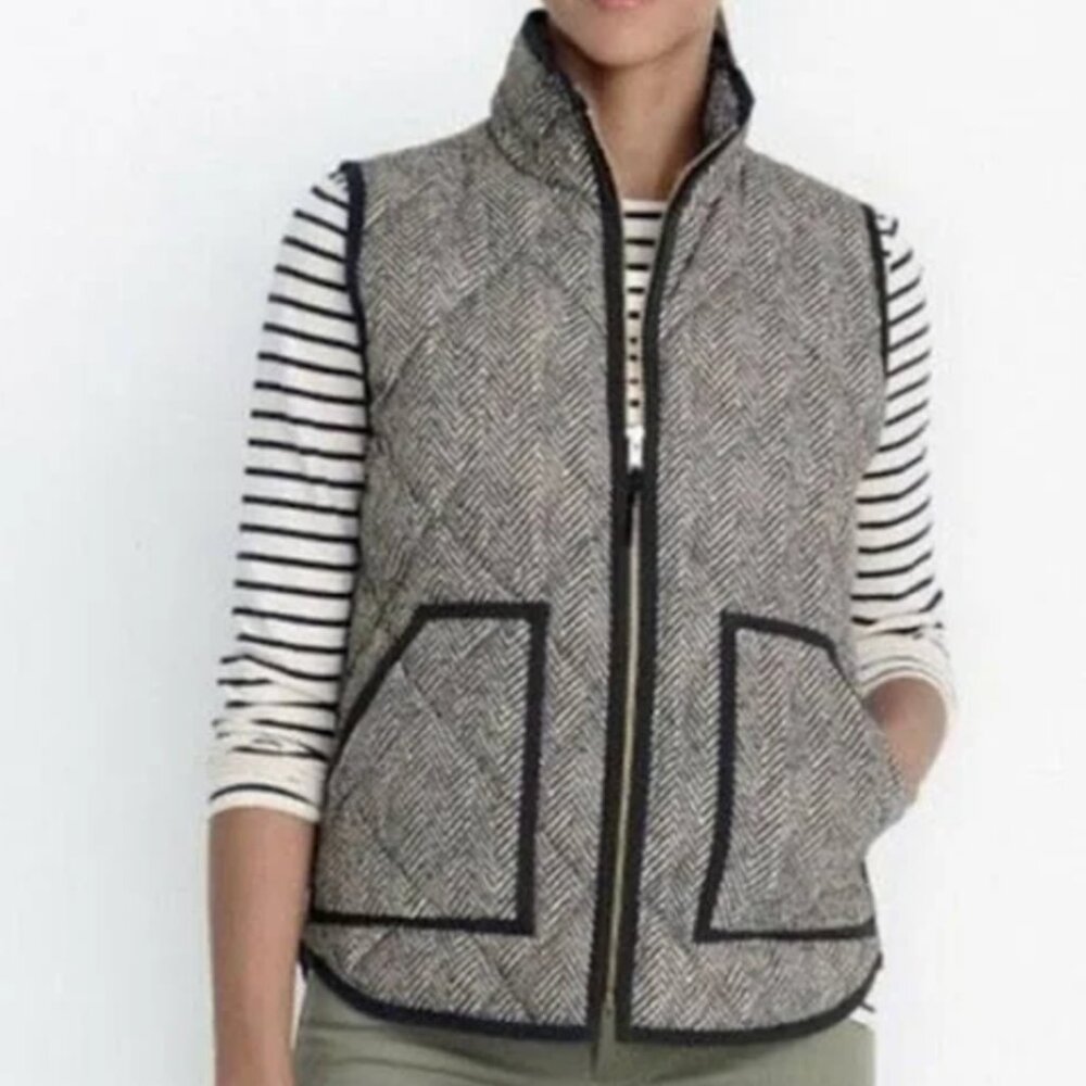 J. CREW Herrington Quilted Vest Chevron Black/Tan Gold Hardware Like-New - M